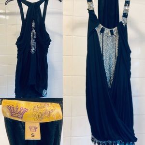 Christian Audigier Black Sequin & Beads Halter Top